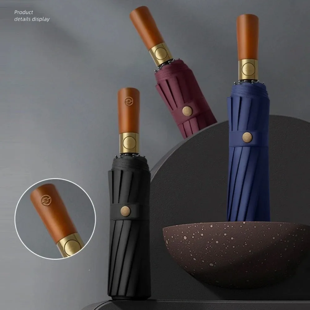 Automatisch zusammenklappbarer, extra großer Regenschirm mit Holzgriff, windbeständig, hochwertiger, wasserdichter, stabiler, robuster, hochelastischer Regenschirm Image