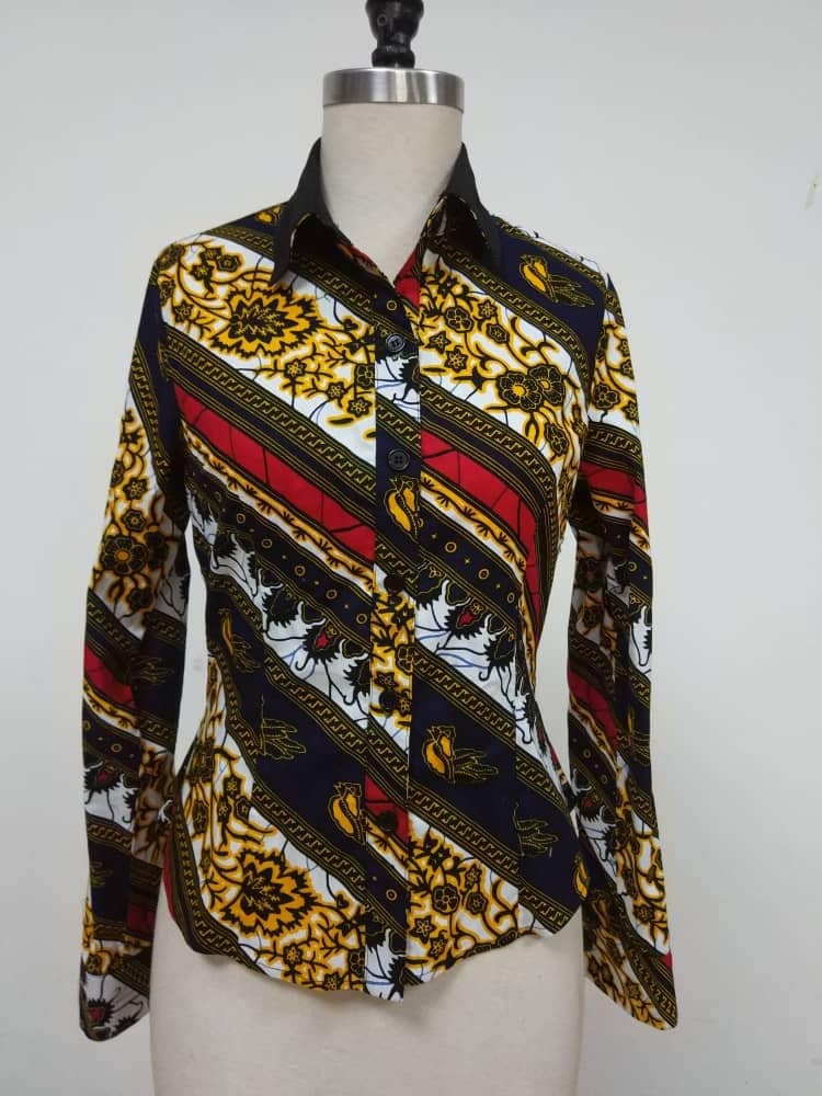 Camicia a maniche lunghe stampa africana da donna, Camicia Ankara, Camicia manica lunga da donna, Camicia in cotone da donna, Camicia con colletto don