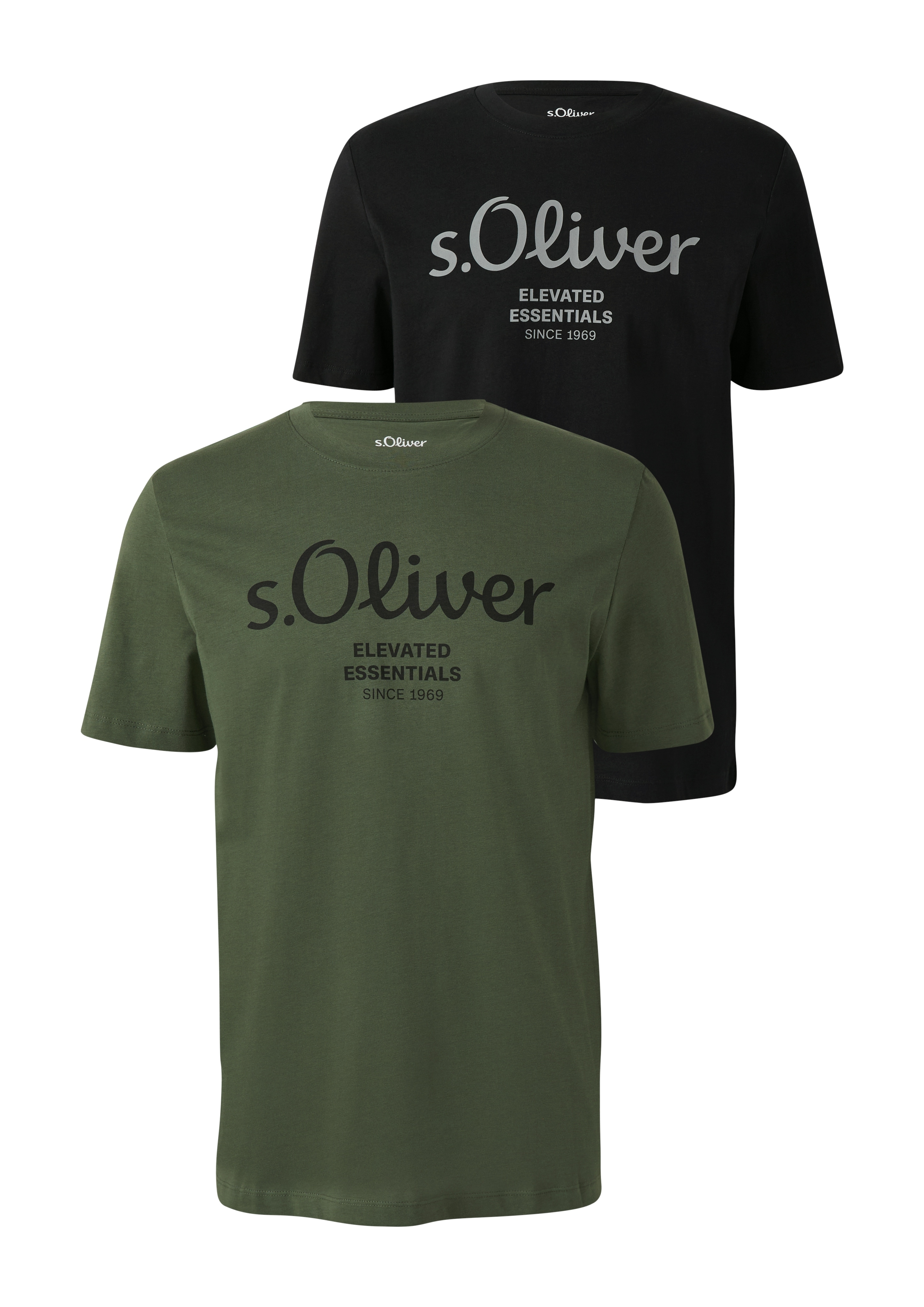 T-Shirt S.OLIVER, Herren, Gr. XXL, khaki, schwarz, Jersey, Obermaterial: 100% Baumwolle, bedruckt, normal hüftbedeckend, Rundhals, Shirts T-Shirt, mit großen Logo-Print, im 2er Pack