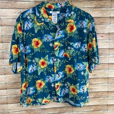 Disney Shirts | Disney Parks Shirt Mens Small Hawaiian Mickey Mouse Blue Button Up Rayon Xl | Color: Blue | Size: Xl