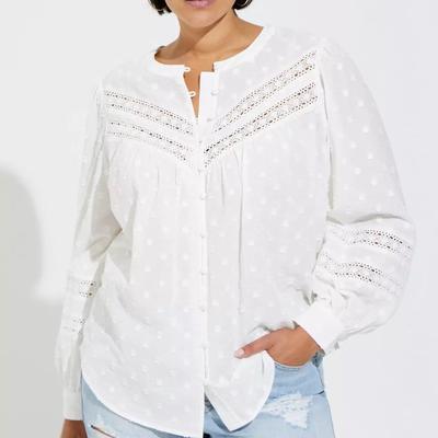 Torrid Tops | Torrid Clip Floral Dot Lace Trim Top Semi-Sheer Cotton Blousson Sleeves Size 1x | Color: White | Size: 1x