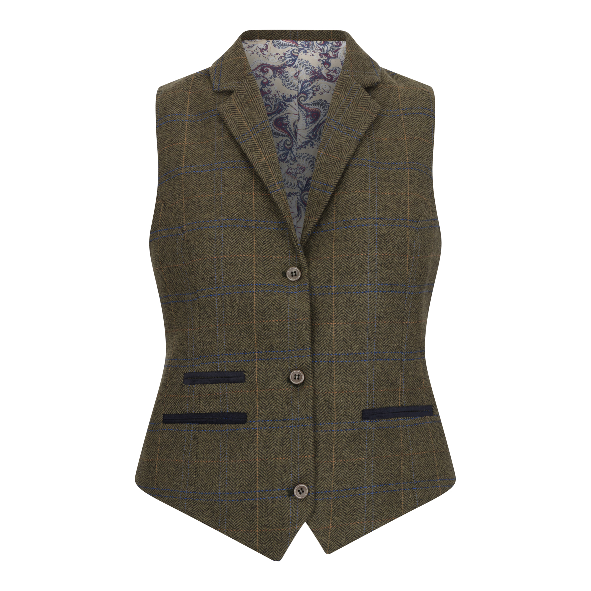 Olivgrüne Tailored Fit Tweedweste für Damen mit Fischgrätenmuster Image