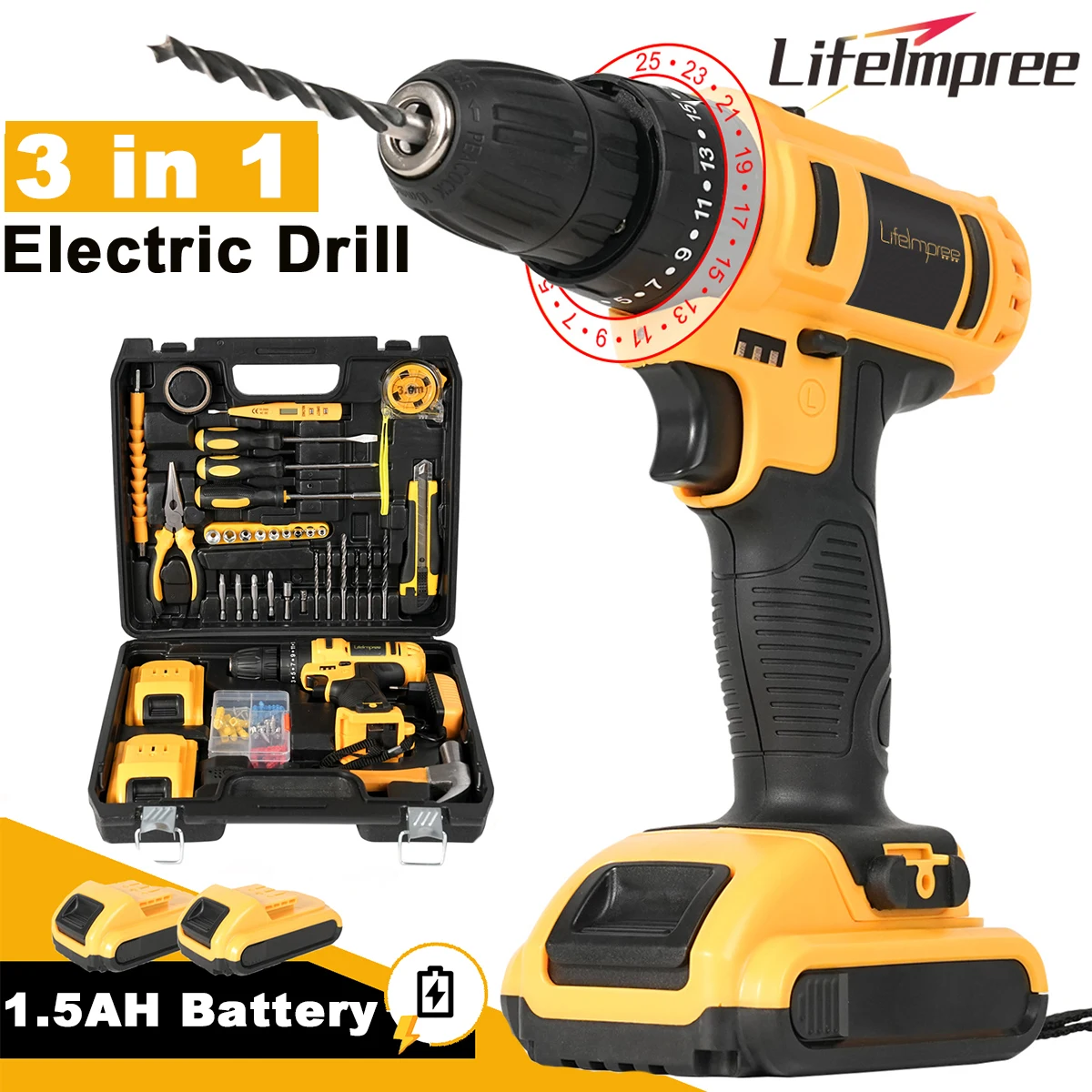 3-in-1 multifunktionaler 21-V-Akku-Bohrhammer, 45 Nm, 25+3 Drehmomentstufen, 2 x 1500 mAh wiederaufladbarer Akku, 104-teiliges Zubehör Image