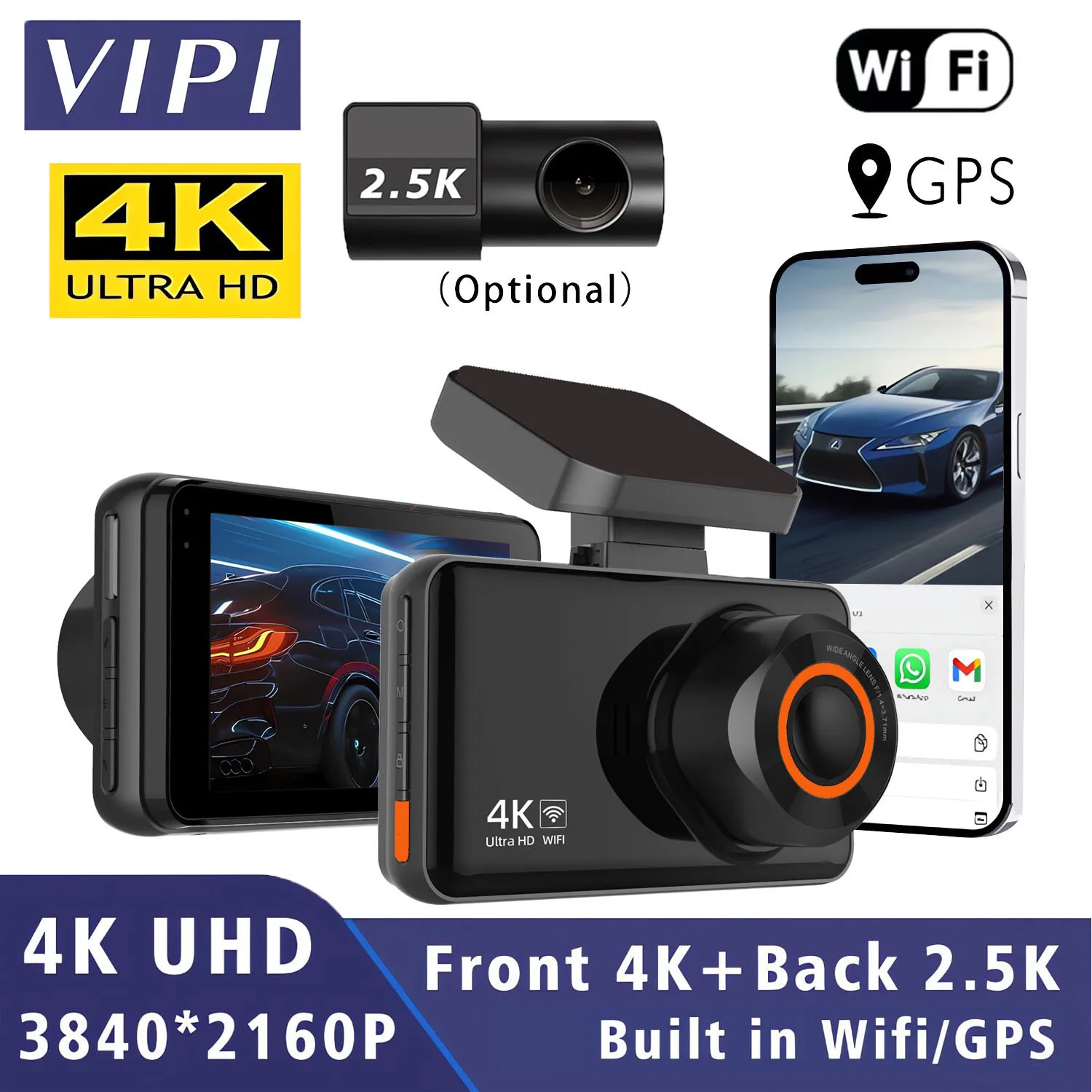 UHD 4K + 2,5K Auto DVR WIFI GPS Mini Dash Cam Kamera Dual Objektiv Dashcam Registrar Black Box Video Drive Recorder WDR Nachtsicht Image