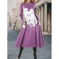 Damen Midikleid A Linie Kleid Figurbetontes Kleid Urlaub Lässig Täglich Normale Passform Blumen Grafik Langarm Rundhalsausschnitt Gelb Blau Purpur Grün Frühling Herbst Winter