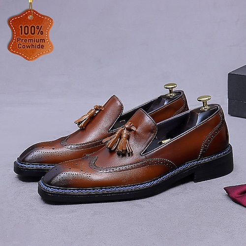 Herren-Loafer aus Leder mit Quaste – klassische Brogue-Abendschuhe aus echtem Rindsleder mit perforierten Details, formelle Business-Schuhe zum Hineinschlüpfen fürs Büro, Hochzeiten und elegante Image