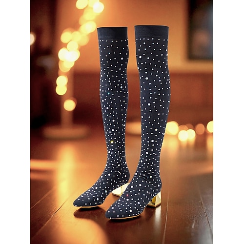 Schwarze Overknee-Stiefel mit Strasssteinen für Damen, spitzer Zehenpartie und Blockabsatz – funkelndes Schuhwerk für Partys und Ausgehen Image