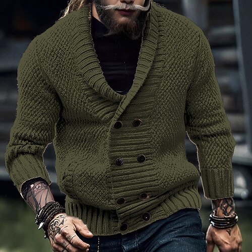 Herren Strickjacke Kurzer Pullover Strickpullover Gerippt Stricken Normale Oberteile Tasche Knöpfe Einfach Schalkragen Mode Klassisch Urlaub Alltagskleidung Bekleidung Herbst Winter Armee-Grün Schwarz Image