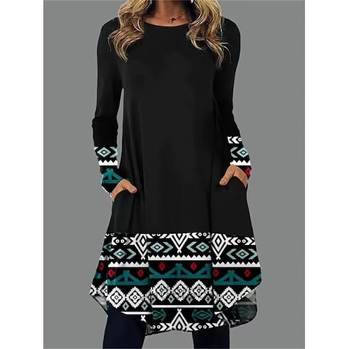 Damen Midikleid Etui-Kleid T-Shirt-Kleid A Linie Kleid Sportliches Kleid Urlaub Lässig Boho Täglich Lässiger Schnitt Grafik Geometrisch Hahnentrittmuster Langarm Rundhalsausschnitt Schwarz Rosa Blau Image