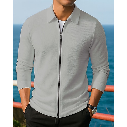 Herren Freizeitmäntel Lounge-Jacke Jacke mit durchgehendem Reißverschluss Waffel Langarm Oberteil Athleisure Herbst Winter Einfarbig Outdoor Reise Sport Sportbekleidung Sportkleidung Blau Schwarz Weiß Image