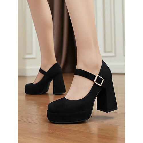 Rote Mary-Jane-Pumps mit Blockabsatz aus Wildleder für Damen – Plateau-Schuhe mit runder Zehenpartie und Schnallenriemen im 50er-Jahre-Vintage-Stil für Hochzeiten, Cocktail- und Abendoutfits Image