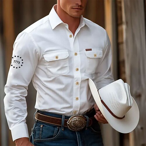 Herren 1776 Arbeitshemd Westernhemd Cargohemd Langarm Taktisch Vintage-Retro Sport im Freien Arbeitskleidung Frühling Herbst Umlegekragen Zwei Fronttaschen Hemden mit Knopfleiste Schwarz Wei Image
