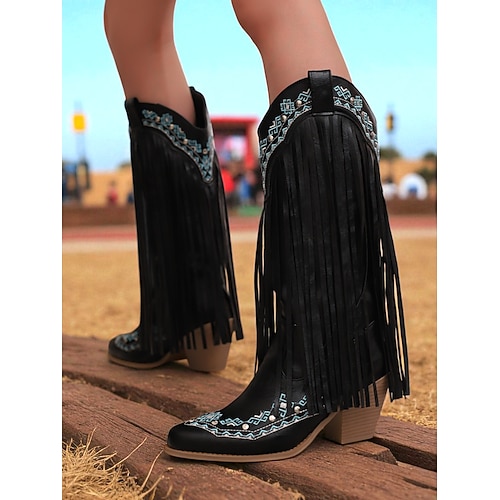 Damen-Western-Cowboystiefel mit roten Fransen und gestickten Details – kniehohe Retro-Festival-Reitstiefel für Rodeo, Musikfestivals und Outfits im Country-Stil Image