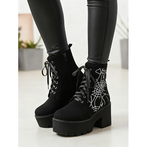Schwarze Plateau-Kampfstiefel für Damen mit Spinnennetz-Stickerei – Gothic-Stiefeletten mit Schnürung und dickem Absatz für Halloween-Partys, Cosplay und Ausgehen Image