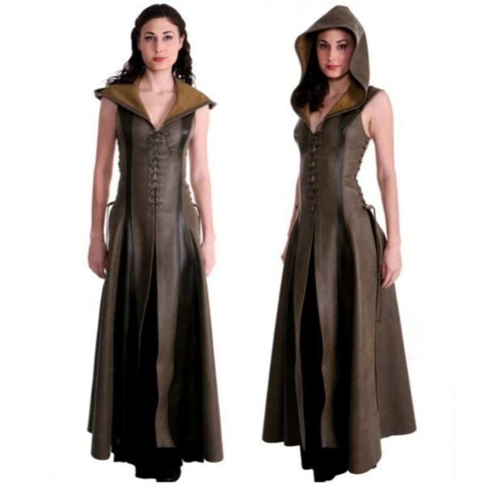 Mittelalterliches Kleid für Damen, sexy Schnürung, Leder, mit Kapuze, für Erwachsene, Ranger, Cosplay, mittelalterliche Halloween-Kostüme, lange Robe, Maxi-Umhang Image