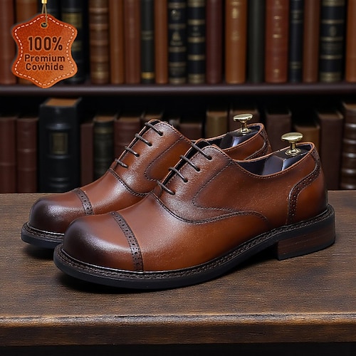Oxford-Schuhe für Herren aus echtem Leder mit Kappe – formelle Schnürschuhe aus Rindsleder, klassische Business-Schuhe für Büro, Hochzeiten und Berufskleidung Image