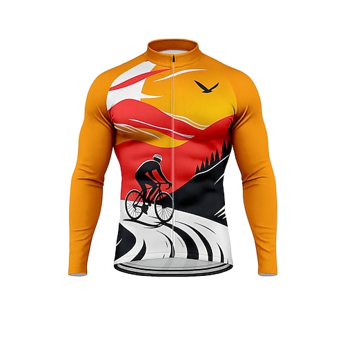 Herren Oberteile Radtrikot Grafik Geometrisch Landschaft Langarm Fahhrad Trikot Oberteil mit 3 Gesäßtaschen Sonne Sonnenschutz Schnelltrocknend Reflektierende Streifen Sport Orange Bekleidung