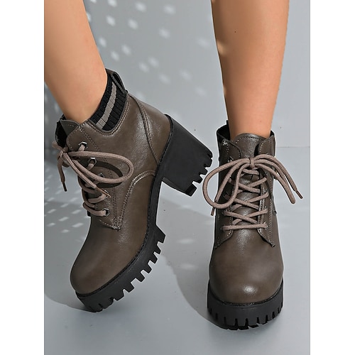 Damen Stiefel Kampfstiefel Täglich Schnürung Blockabsatz Runde Zehe Lässig Kunstleder Schnürung Hellbraun Schwarz Grau Image
