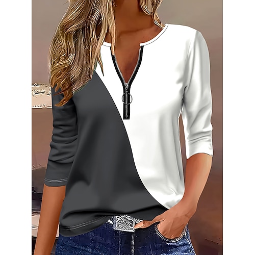 Damen T Shirt Reißverschluss Druck Grafik Geometrisch Farbblock Elegant Vintage Stilvoll Langarm Rundhals Einkerbiger Ausschnitt Normale Oberteile Täglich Wochenende Dunkelgray Frühling Herbst Winter Image