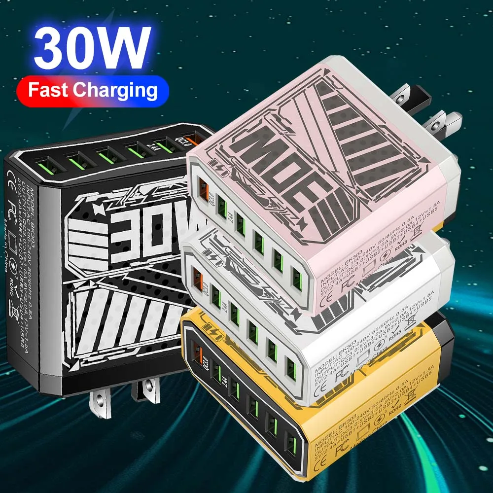 6 in 1 USB PD Ladegerät QC 3,0 Schnelle Lade Schnell Ladegerät Für Xiaomi Samsung Handy Lade Adapter EU/US/UK Stecker Image