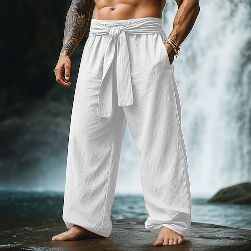 Herren Leinenhosen Hose Sommerhose Kordelzug Elastischer Bund Weites Bein Einfach Komfort Atmungsaktiv Volle Länge Lässig Täglich Ferien Urlaub Mode Lässiger Schnitt Kürbis Weiß Unelastisch Image