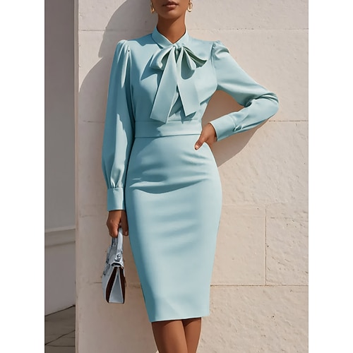 Damen Rosa Blau Aprikose Frühling Herbst Midikleid Etui-Kleid Geburtstag Formell Cocktail Puffärmel / Ballon Formell Party Geschäft Normale Passform Einfach Stehkragen Image