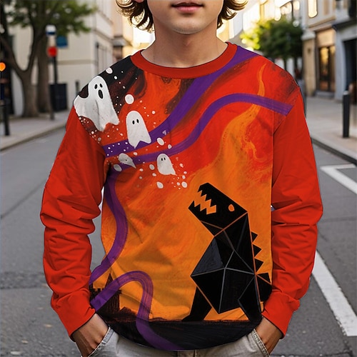 Halloween Jungen 3D Dinosaurier Geist T-Shirt Langarm Frühling Herbst Mode Basic Kinder 4-12 Jahre Rundhalsausschnitt Outdoor Lässig Täglich Normale Passform Image