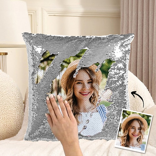 individuelles Foto-Paillettenkissen für Frauen, personalisierter Wendekissenbezug mit Ihrem Bild, einzigartiges Geschenk zum Geburtstag oder Valentinstag Image