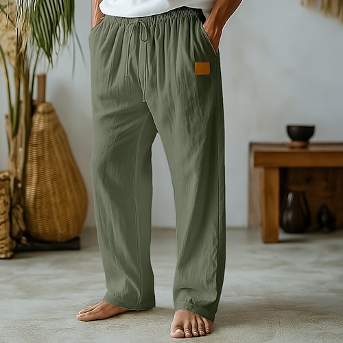Herren Leinenhosen Hose Sommerhose Baggy-Hosen Strandhose Kordelzug Elastischer Bund Gerader Schnitt Einfarbig Einfach Komfort Atmungsaktiv Volle Länge Outdoor Ferien Strand Urlaub Mode Schwarz Weiß Image