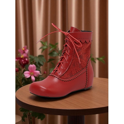 Lilafarbene Schnürstiefeletten für Damen mit bestickten Einsätzen – flache Stiefeletten im edwardianisch-viktorianischen Stil des 20. Jahrhunderts für Cosplay, Herbstfeste und Vintage-inspirierte Image