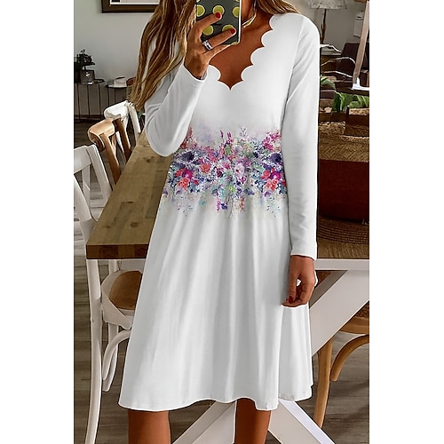 Damen Minikleid Shiftkleid Lässig Boho Täglich Normale Passform Blumen Grafik Langarm V Ausschnitt Weiß Orange Sommer Frühling Herbst Winter Image
