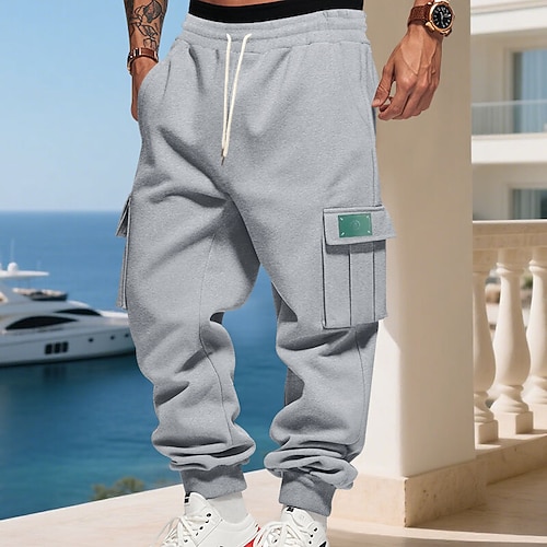 Herren Jogginghose Fleecehose Winterhose Cargo-Jogginghose Kordelzug Tasche Elastischer Bund Einfach Komfort Warm Sport im Freien Täglich Mode Lässig Schwarz Weiß Mikroelastisch Image