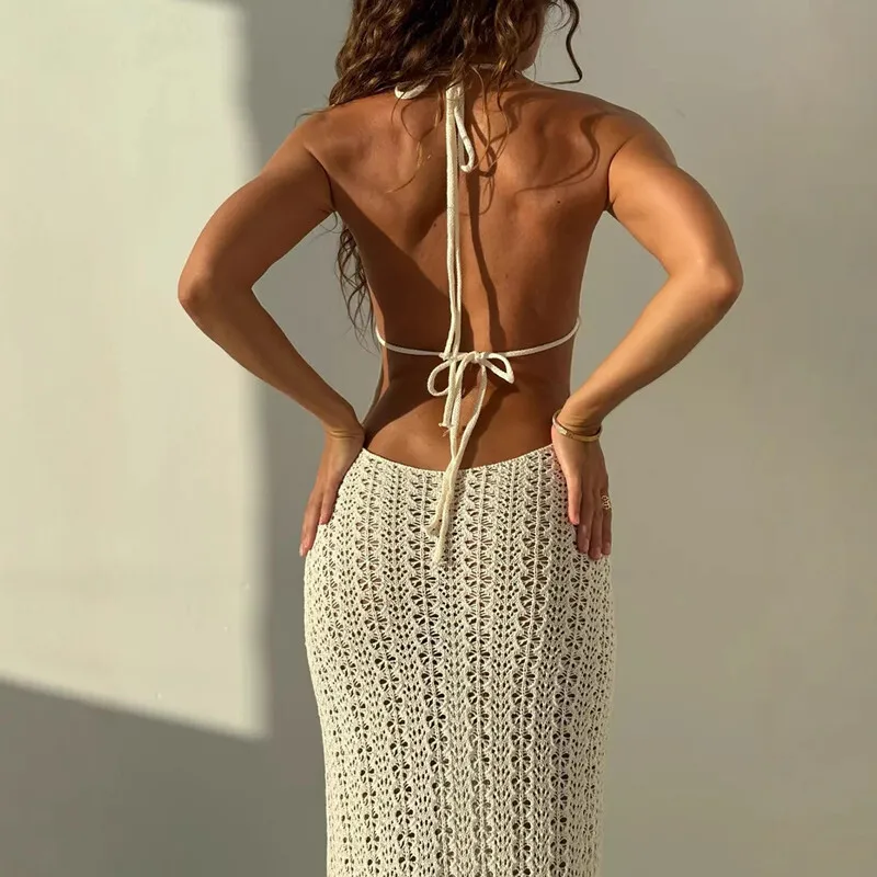 Sexy rückenfreies Strickkleid 2025, neue Sommer-Damenbekleidung, europäisches und amerikanisches Sling-Kleid, beige gestricktes langes sexy Kleid