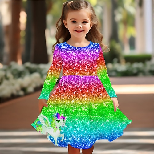 Mädchen' 3D Regenbogen Einhorn Kleid Langarm Sommer Frühling Urlaub Täglich Ferien Prinzessin Schön Süß Kinder 4-12 Jahre Freizeitkleid A Linie Kleid Knielang Normale Passform Image