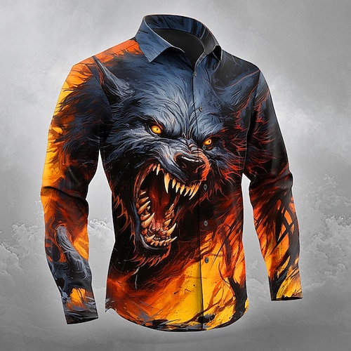 Herren Wolf Kostüme Shirt Button-Up Shirt Langarm Dunkel Gothik Stil Outdoor Urlaub Frühling Herbst umgeschlagen 3D Druck Kragenhemden Orange Gelb Blau Orange Dunkelblau Image