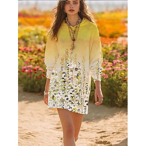Damen Kapuzenkleid Midi Kleid Shift Kleid Lässig Outdoor Zuhause Ausgehen Lockere Passform Floral Langarm Kapuze Gelb Rosa Lila Grün Frühling Herbst Winter Image