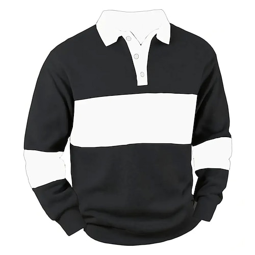 Herren Horizontale Streifen Rugby-Poloshirt Zopfstrick-Poloshirt Langarm Polo-Shirts Hemden mit Kragen Lässig Outdoor Athleisure Alltagskleidung 3D-Druck Knöpfe Frühling Herbst Schwarz Weiß Grau Image