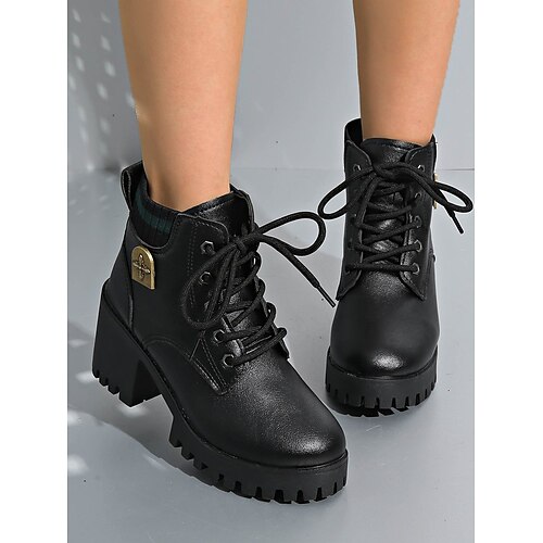 Damen Stiefel Kampfstiefel Täglich Schnürung Blockabsatz Runde Zehe Lässig Kunstleder Schnürung Hellbraun Schwarz Grau