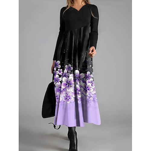 Damen Maxikleid A Linie Kleid Lässig Täglich Normale Passform Grafik Farbblock Langarm V Ausschnitt Rote Blau Purpur Frühling Herbst Winter Image
