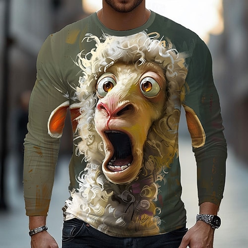 Herren Tiermotiv 3D Lustig T Shirt Langarm T-Shirt 3D-Druck Rundhalsausschnitt Hemd Mode Basic Straße Lässig Täglich Minzgrün Grau Sommer Frühling Bekleidung S M L XL XXL XXXL Image