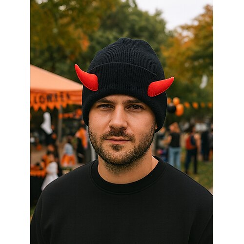 Unisex-Halloween-Teufelshorn-Beanie-Mütze – gestrickte warme Totenkopfmütze mit 3D-Hörnern für Männer und Frauen, Cosplay-Partykostüm und Outdoor-Bekleidung Image