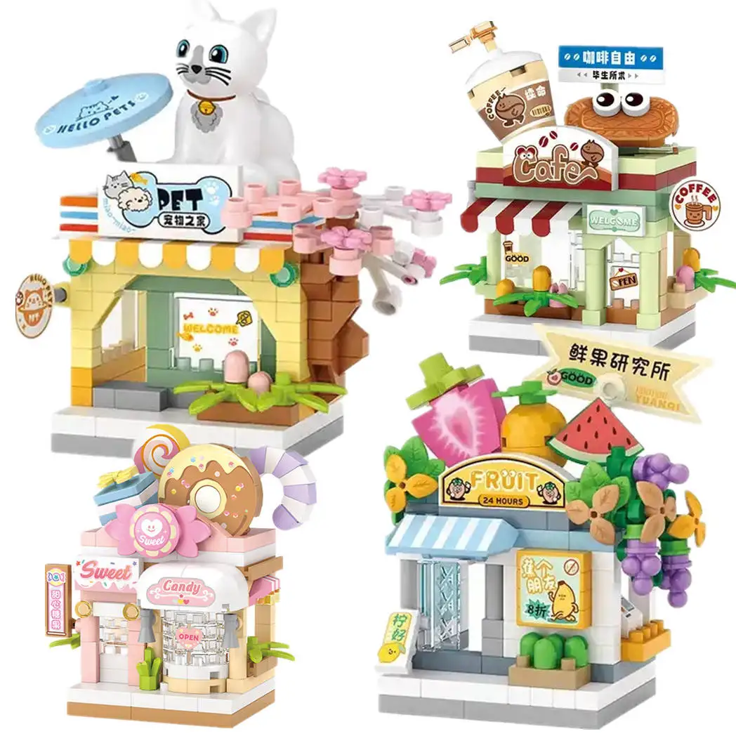 Restaurant Dessert Kaffee Haustier Obst Shop Street View Lebensmittel Haus Bausteine Kit Mädchen Ziegel Modell Kinder Spielzeug Junge Kind Geschenke Image