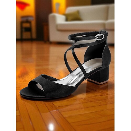 Damen-Sandalen aus Satin mit Blockabsatz und Knöchelriemen – elegante Abendschuhe mit offener Spitze für Cocktailpartys und Abendoutfits Image