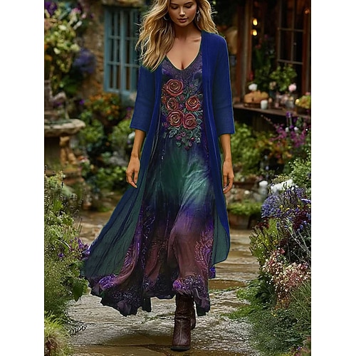 Damen Kleid-Set Maxidress A Linie Kleid Urlaub Boho Blumen Grafik Geschichtet Druck Maxikleid Dreiviertelarm V Ausschnitt Täglich Outdoor Blau Purpur Grün Frühling Herbst Normale Passform Image
