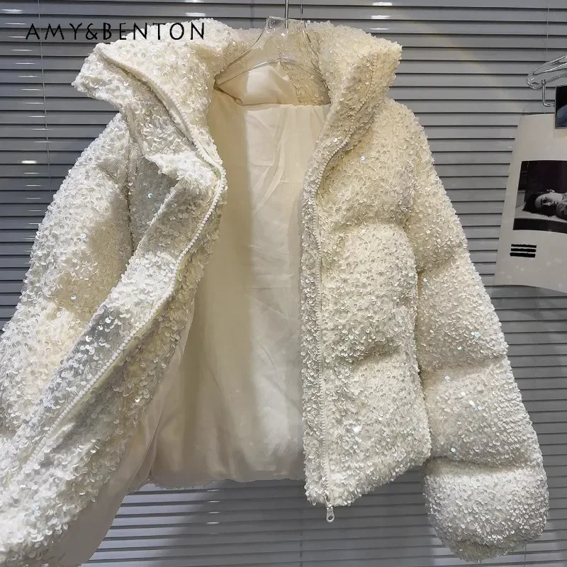 2025, Winter, neue süße und coole heiße Mädchen, funkelnde Perlen, schwere Industrie, warme Brotjacke, Daunenmantel, einfarbige Parkas für Damen Image