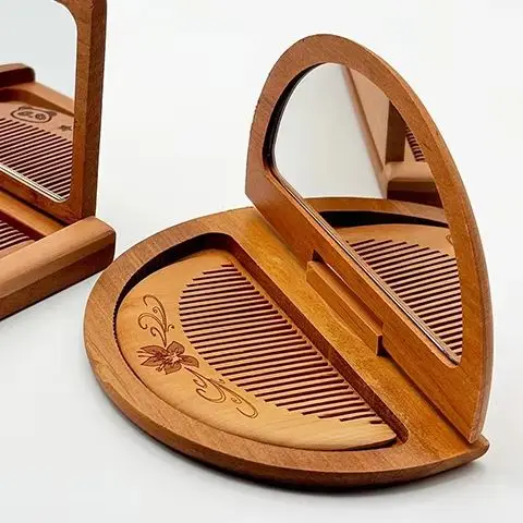 Robustes 2-in-1-Kammspiegel-Set aus Holz, Mini-Pfirsichholz-Make-up-Spiegel, rechteckig, Vintage, faltbar, Taschenspiegel, Mädchen-Dame Image