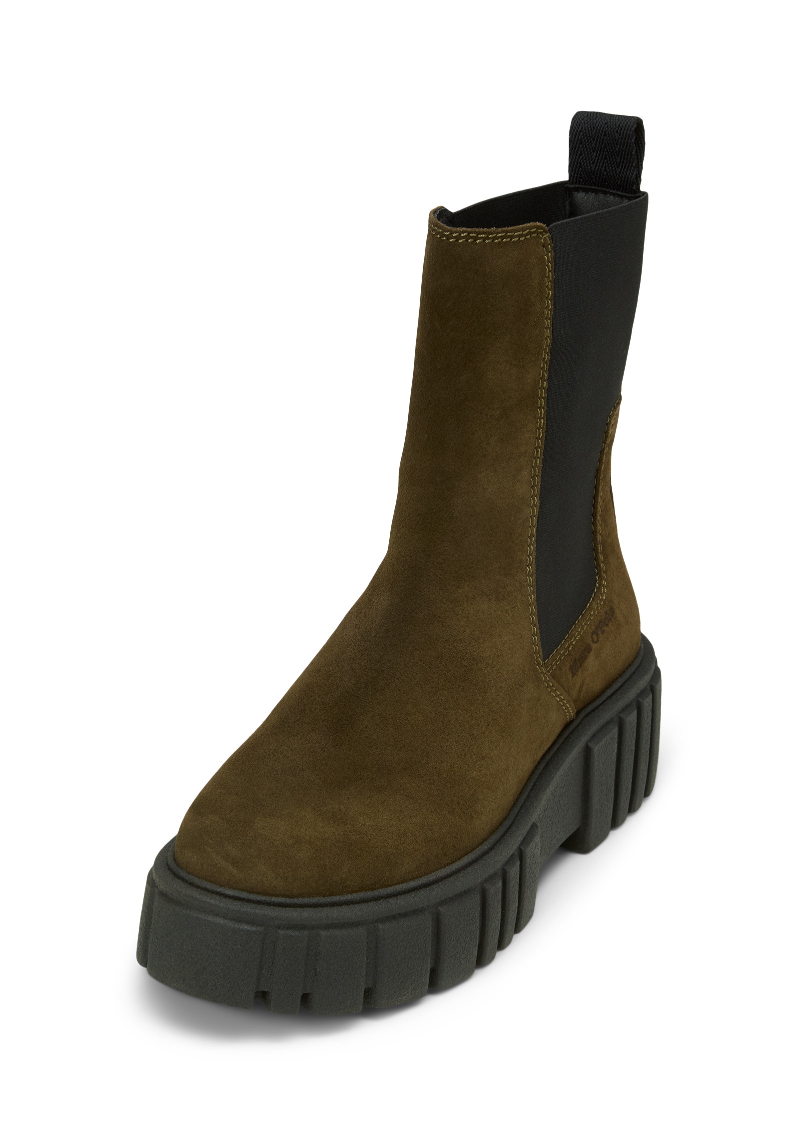 Chelseaboots MARC O'POLO "mit leichter Plateausohle", Damen, Gr. 37, grün (schwarz mossy olive), Obermaterial: 100% Leder (Rind), unifarben, Schuhe