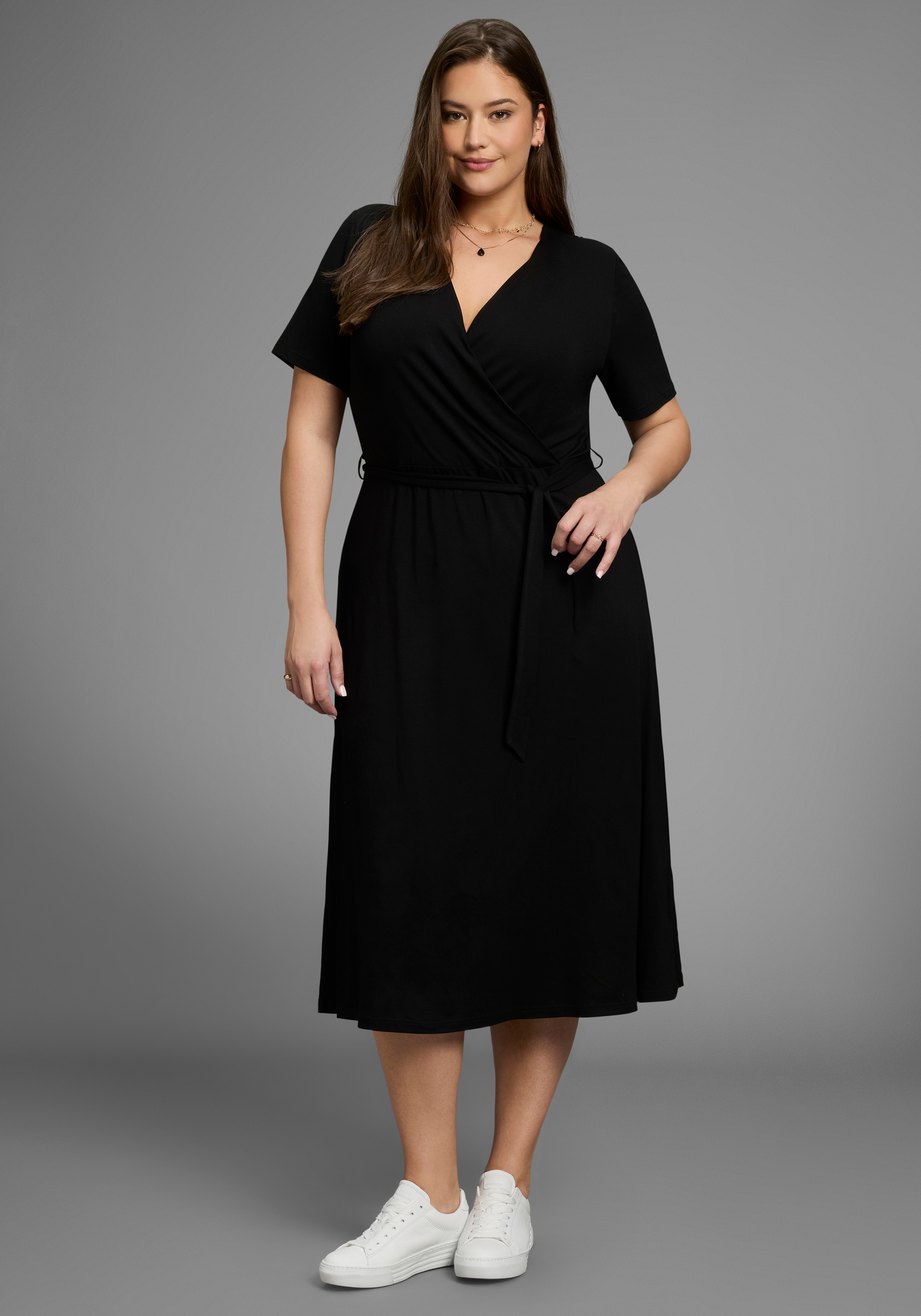 Midikleid LAURA SCOTT CURVE, Damen, Gr. 46, N-Gr, schwarz, Jersey, Obermaterial: 94% Viskose, 6% Elasthan, unifarben, Basic, Midi, V-Ausschnitt, Kleider Midikleid, mit betonter Taille - GROSSE GRÖSSE