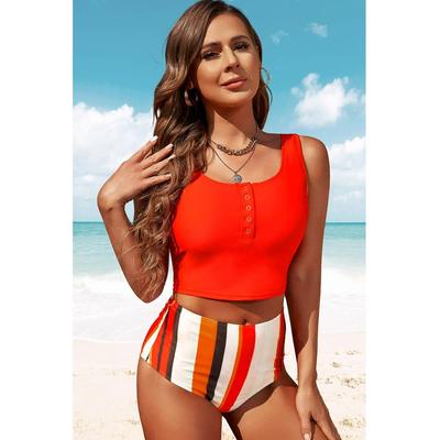 Tankini-Set mit halbem Druckknopf und quadratischem Ausschnitt und hoher Taille Image