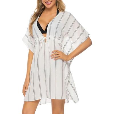 Gestreiftes Cover-Up mit Kordelzug und V-Ausschnitt aus maschinenwaschbarem Stoff Image